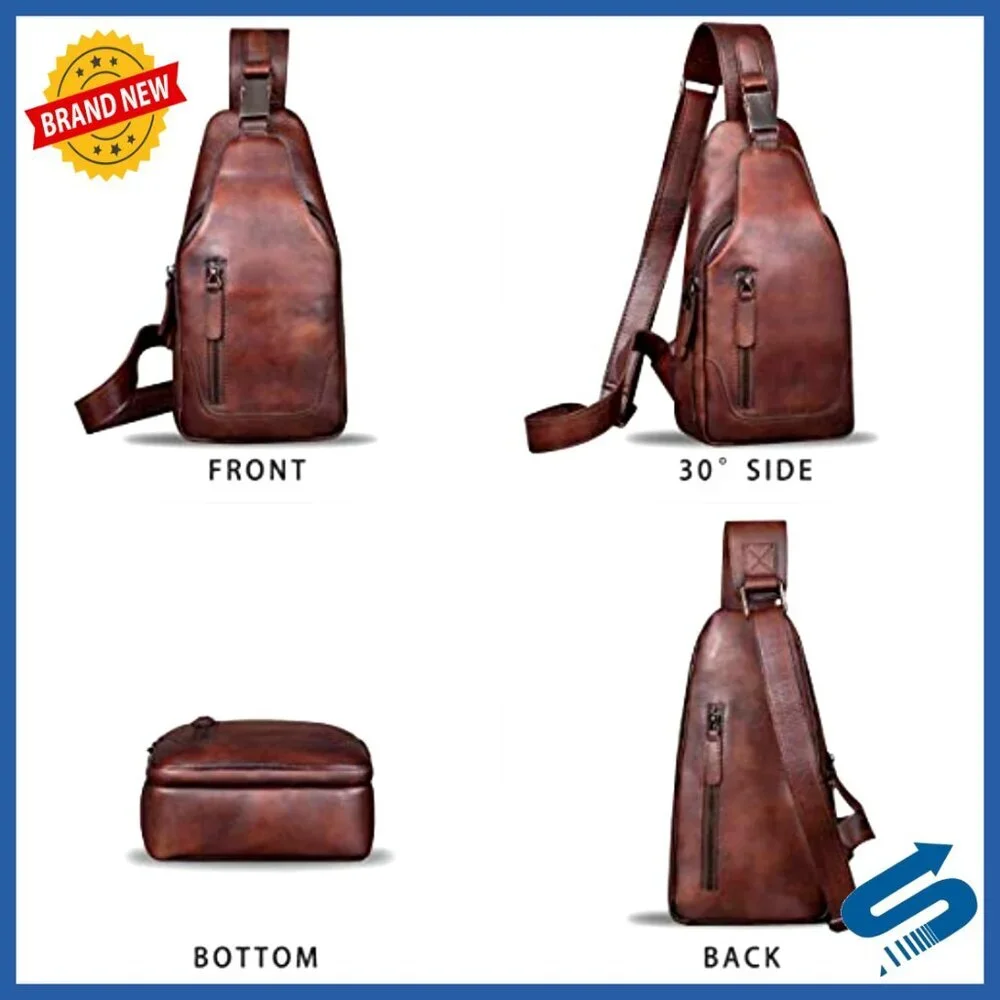 Genuine Leather Sling Backpack Daypack Crossbody Bag Adjustable Strap